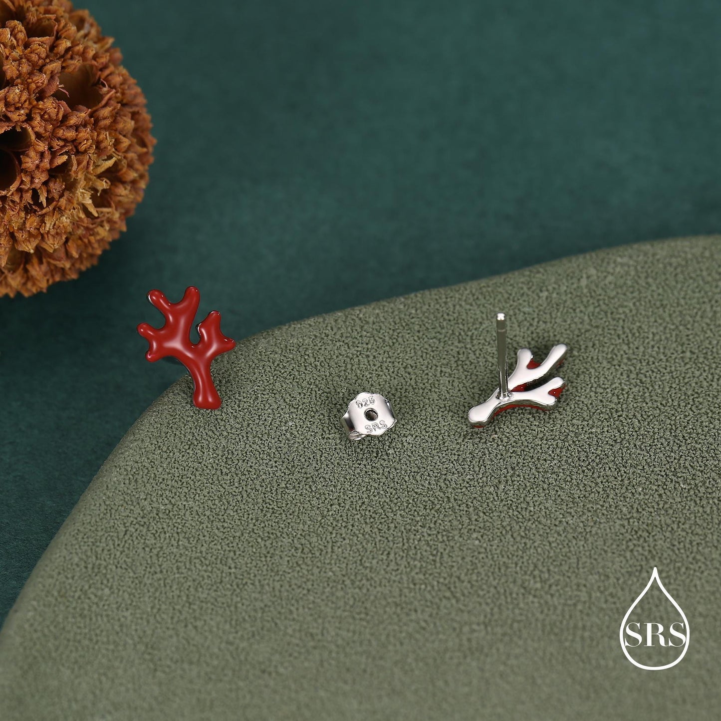 Sterling Silver Asymmetric Red Coral Branch Stud Earrings