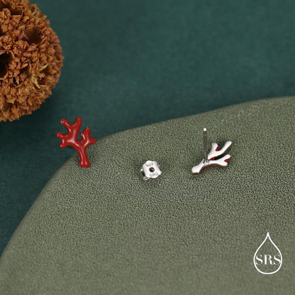 Sterling Silver Asymmetric Red Coral Branch Stud Earrings