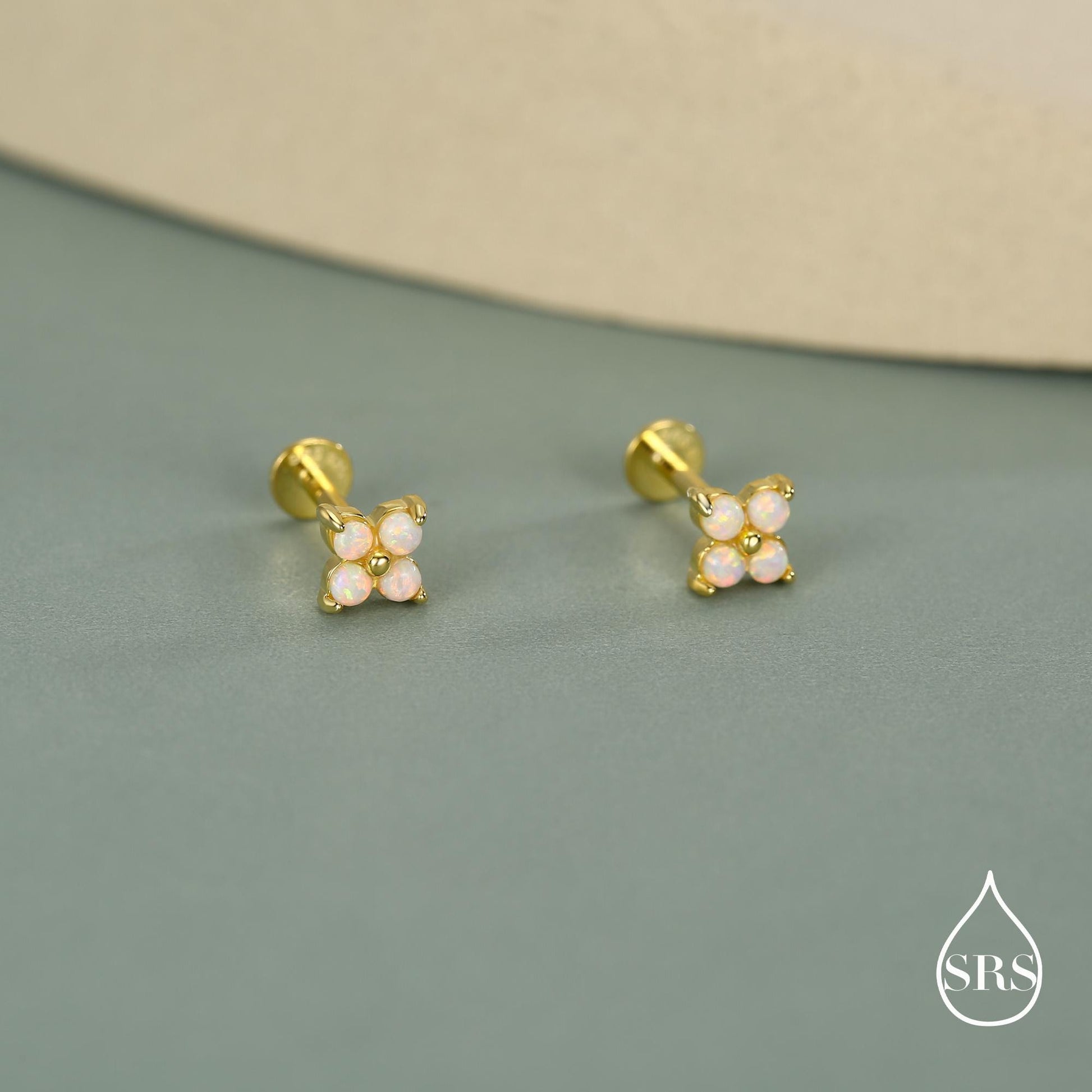 Sterling Silver Opal Clover Cluster 16G Internally Threaded Flat Back Earrings