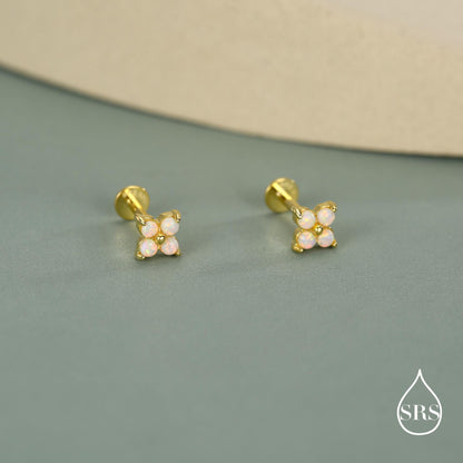 Sterling Silver Opal Clover Cluster 16G Internally Threaded Flat Back Earrings