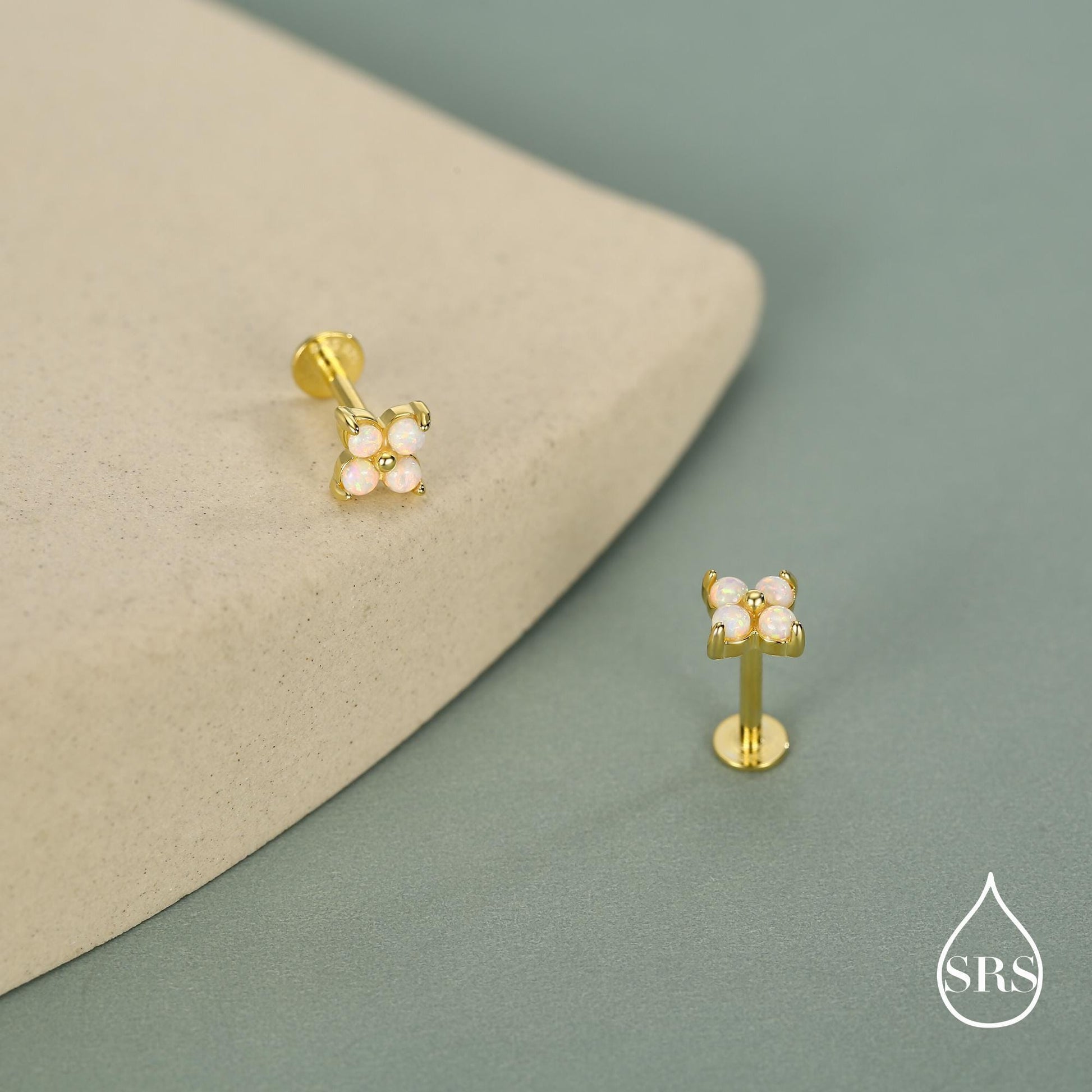 Sterling Silver Opal Clover Cluster 16G Internally Threaded Flat Back Earrings