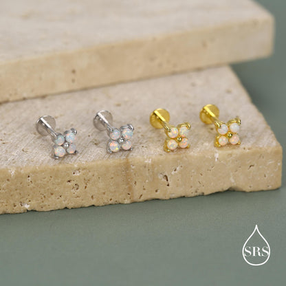 Sterling Silver Opal Clover Cluster 16G Internally Threaded Flat Back Earrings