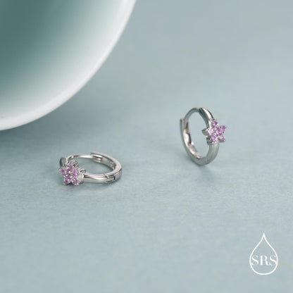 Sterling Silver Pink Crystal Cluster Huggie Hoop Earrings