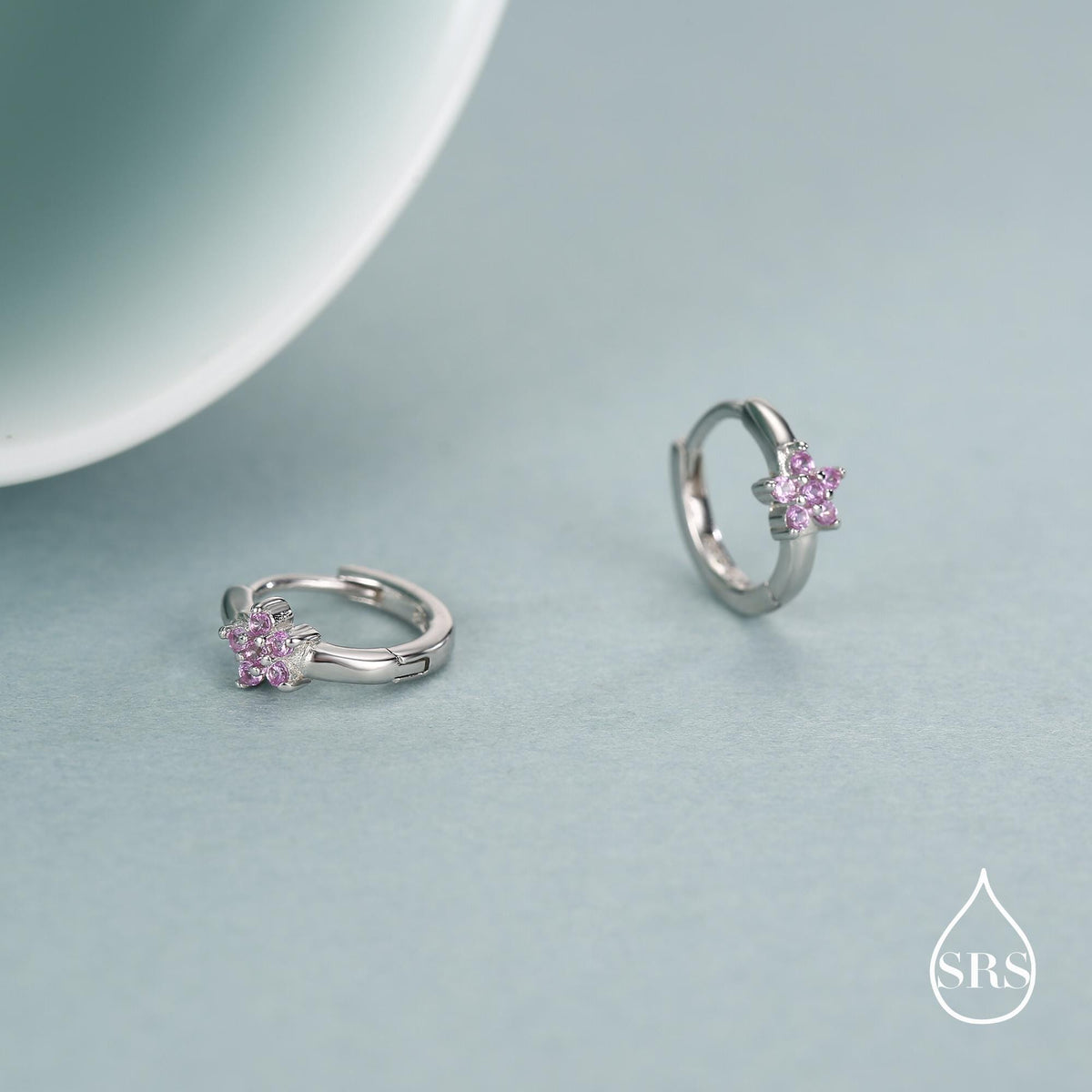 Sterling Silver Pink Crystal Cluster Huggie Hoop Earrings