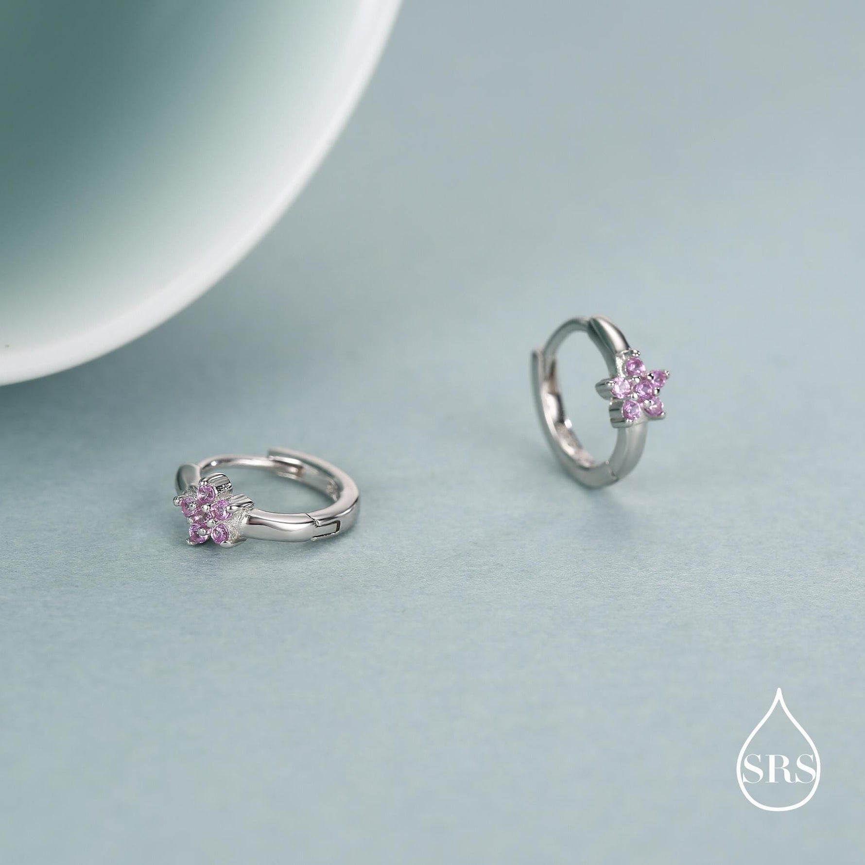 Sterling Silver Pink Crystal Cluster Huggie Hoop Earrings
