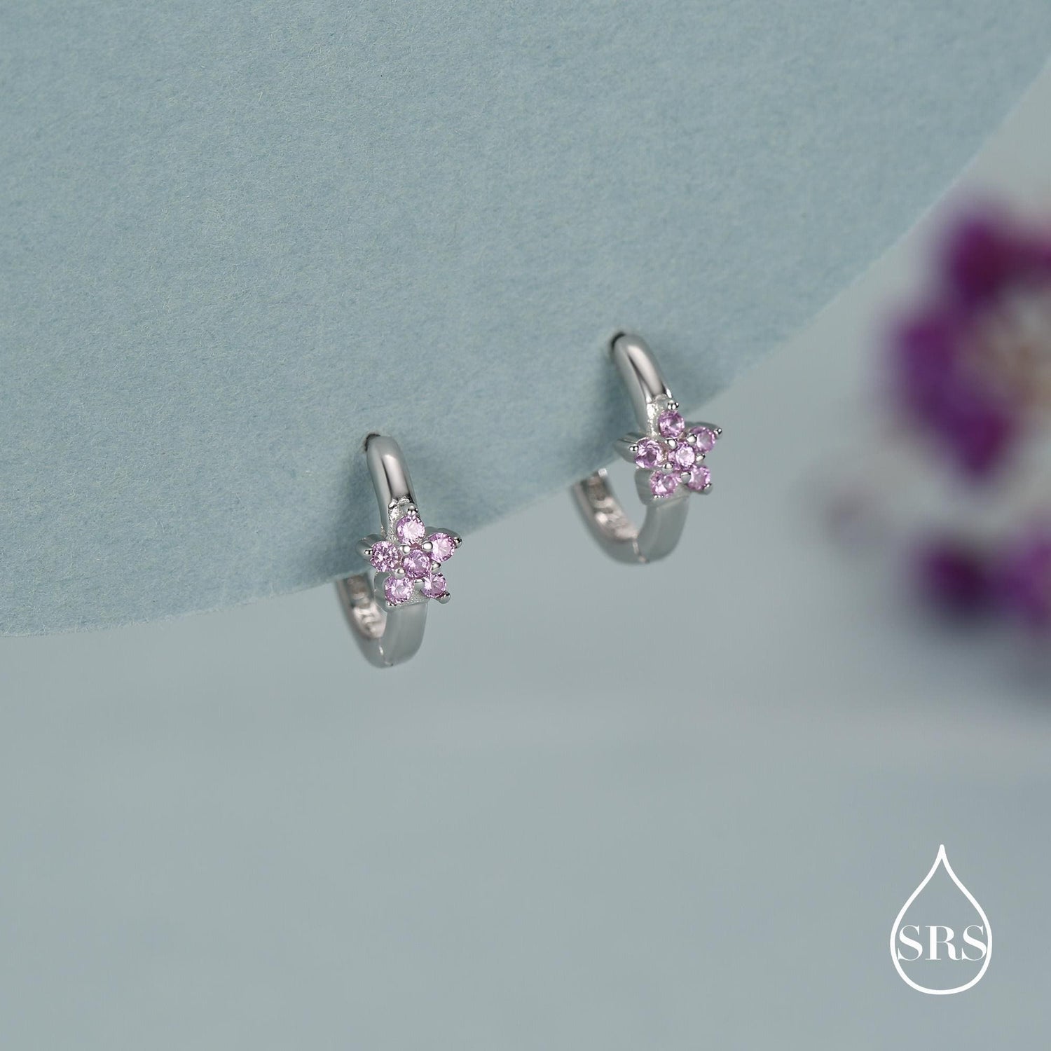 Sterling Silver Pink Crystal Cluster Huggie Hoop Earrings