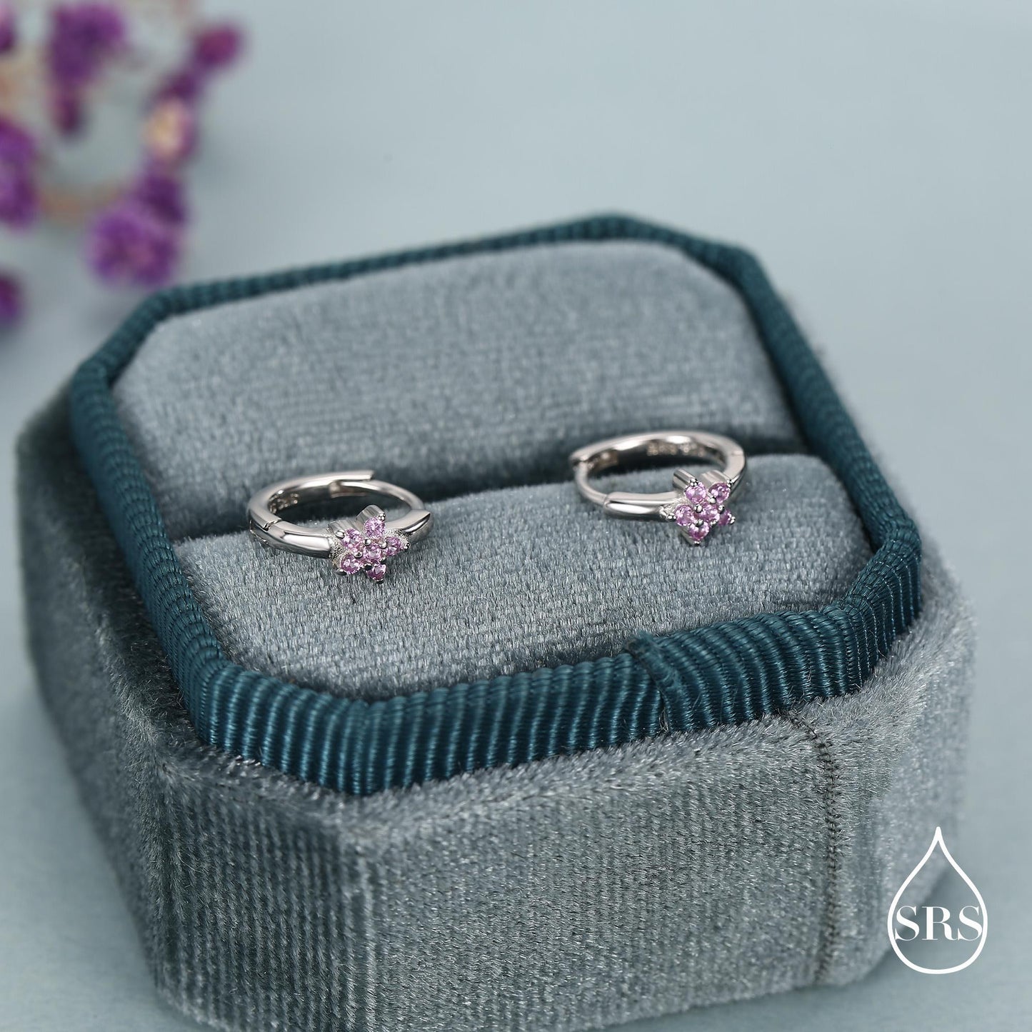 Sterling Silver Pink Crystal Cluster Huggie Hoop Earrings