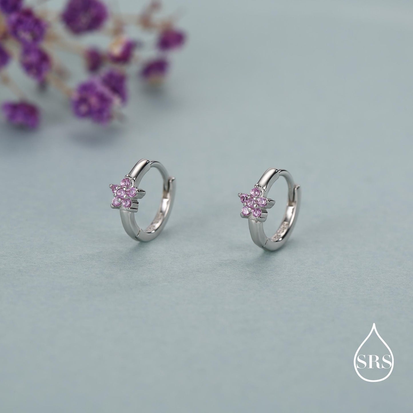 Sterling Silver Pink Crystal Cluster Huggie Hoop Earrings