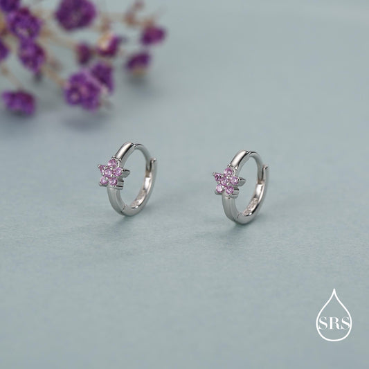 Sterling Silver Pink Crystal Cluster Huggie Hoop Earrings