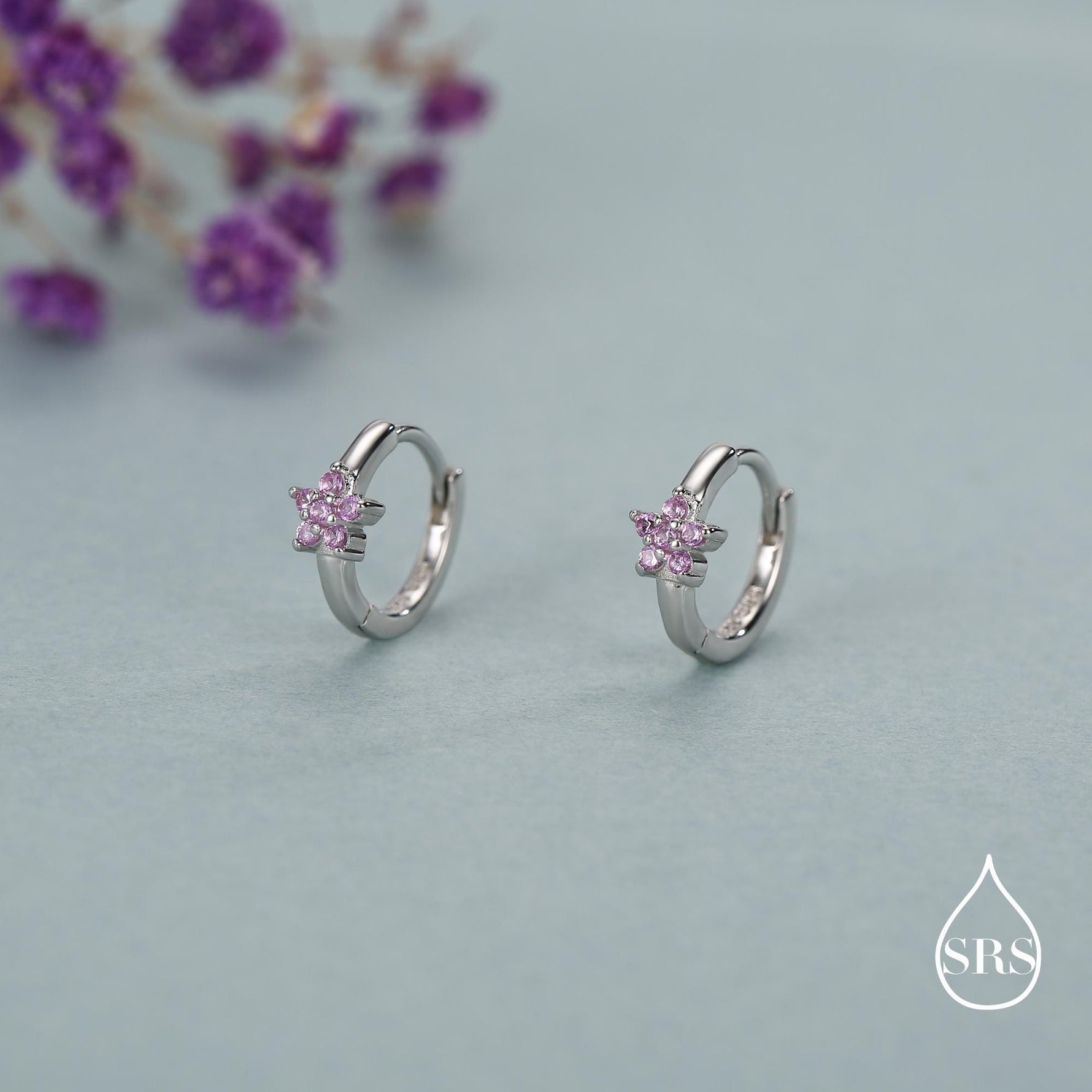Sterling Silver Pink Crystal Cluster Huggie Hoop Earrings
