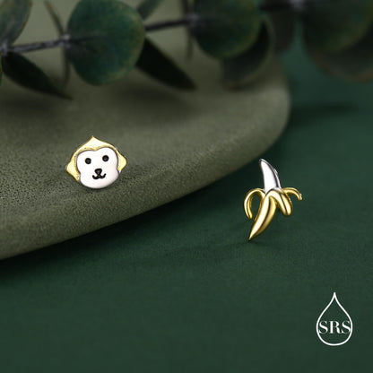 Sterling Silver Monkey and Banana Mismatched Stud Earrings