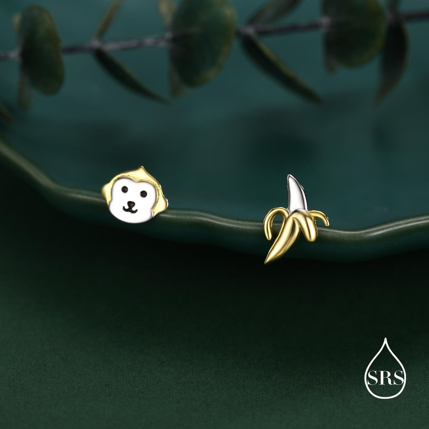 Sterling Silver Monkey and Banana Mismatched Stud Earrings