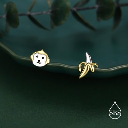 Sterling Silver Monkey and Banana Mismatched Stud Earrings