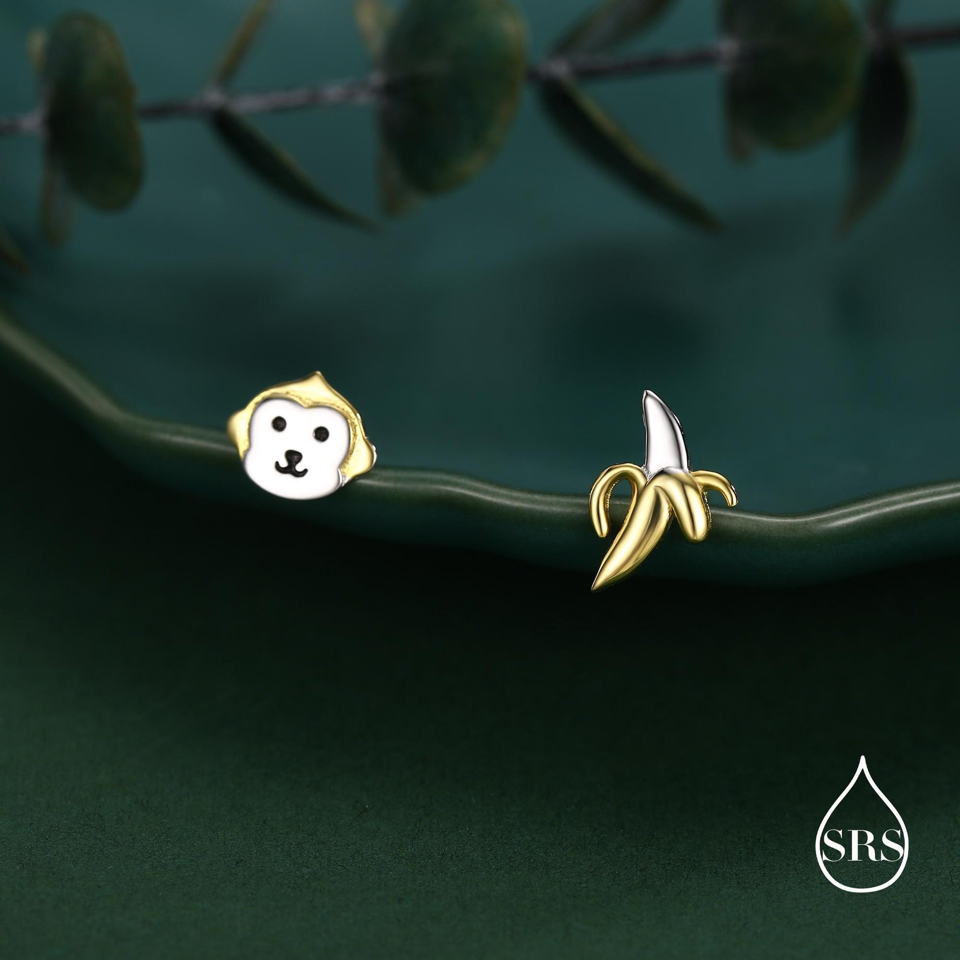Sterling Silver Monkey and Banana Mismatched Stud Earrings