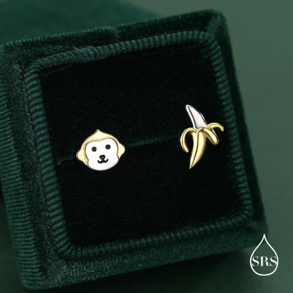 Sterling Silver Monkey and Banana Mismatched Stud Earrings