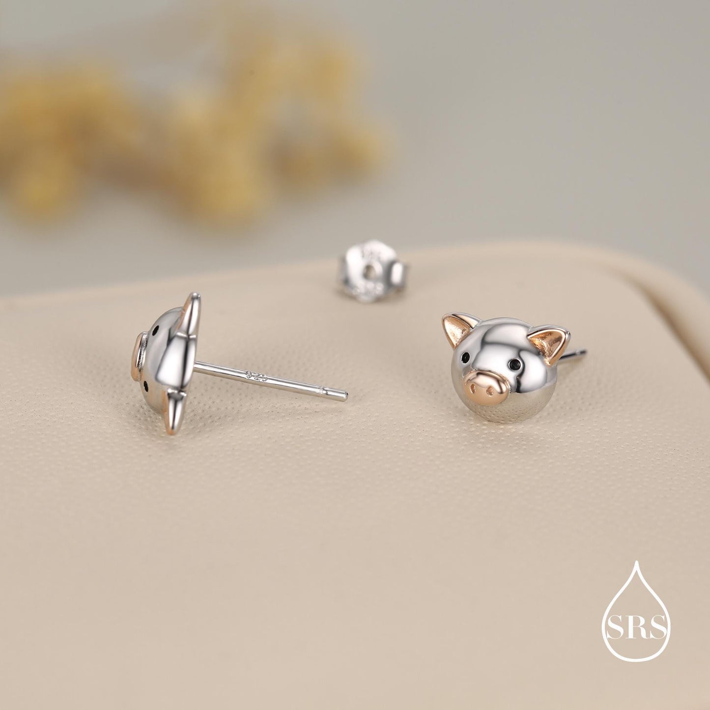 Cute Little Pig Stud Earrings in Sterling Silver - Silver and Rose Gold - Farm Animal Earrings - Whimsical and Pretty Jewellery