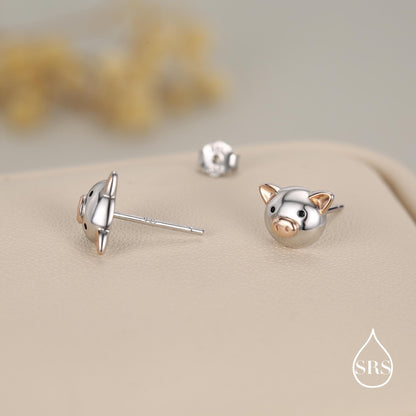 Cute Little Pig Stud Earrings in Sterling Silver - Silver and Rose Gold - Farm Animal Earrings - Whimsical and Pretty Jewellery