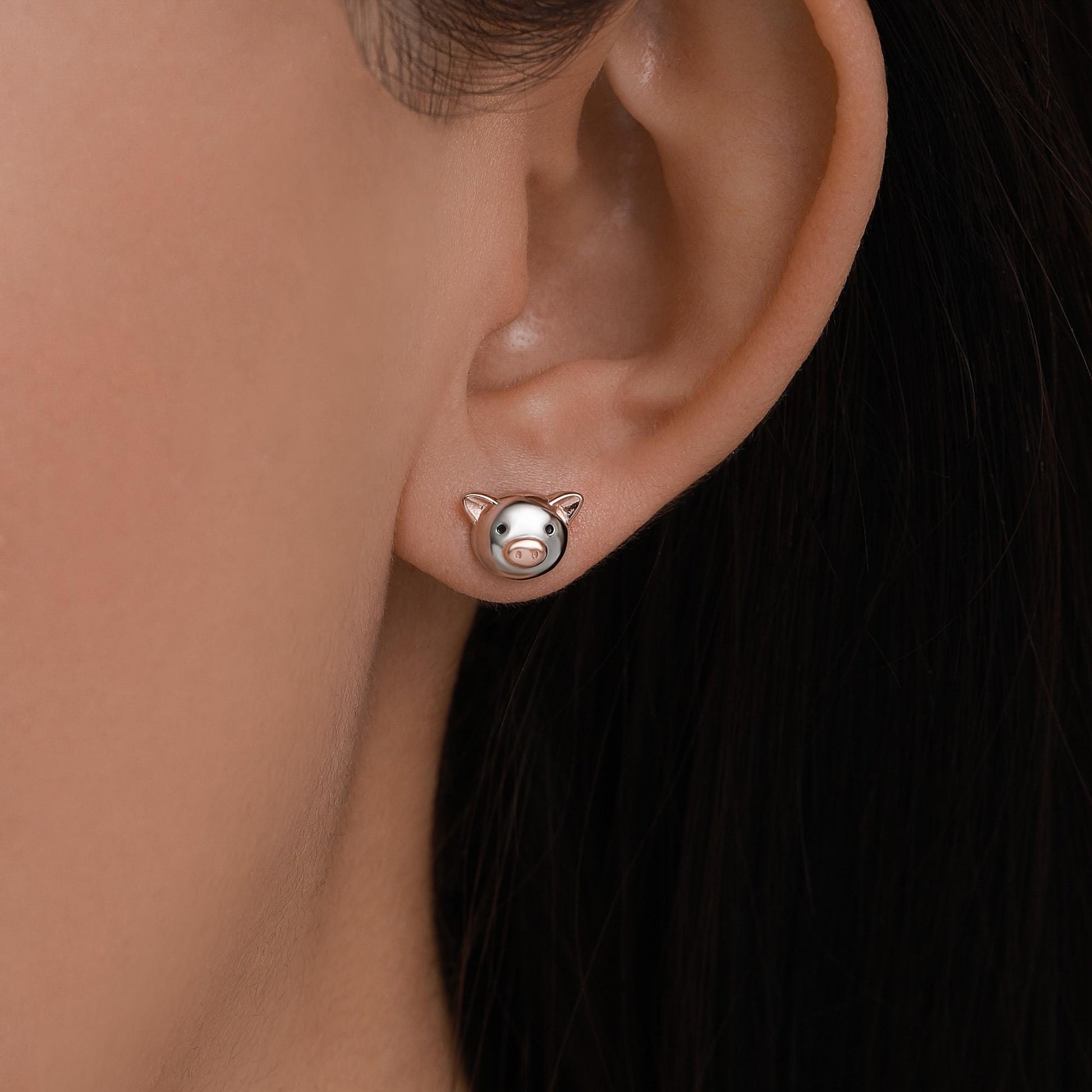 Cute Little Pig Stud Earrings in Sterling Silver - Silver and Rose Gold - Farm Animal Earrings - Whimsical and Pretty Jewellery