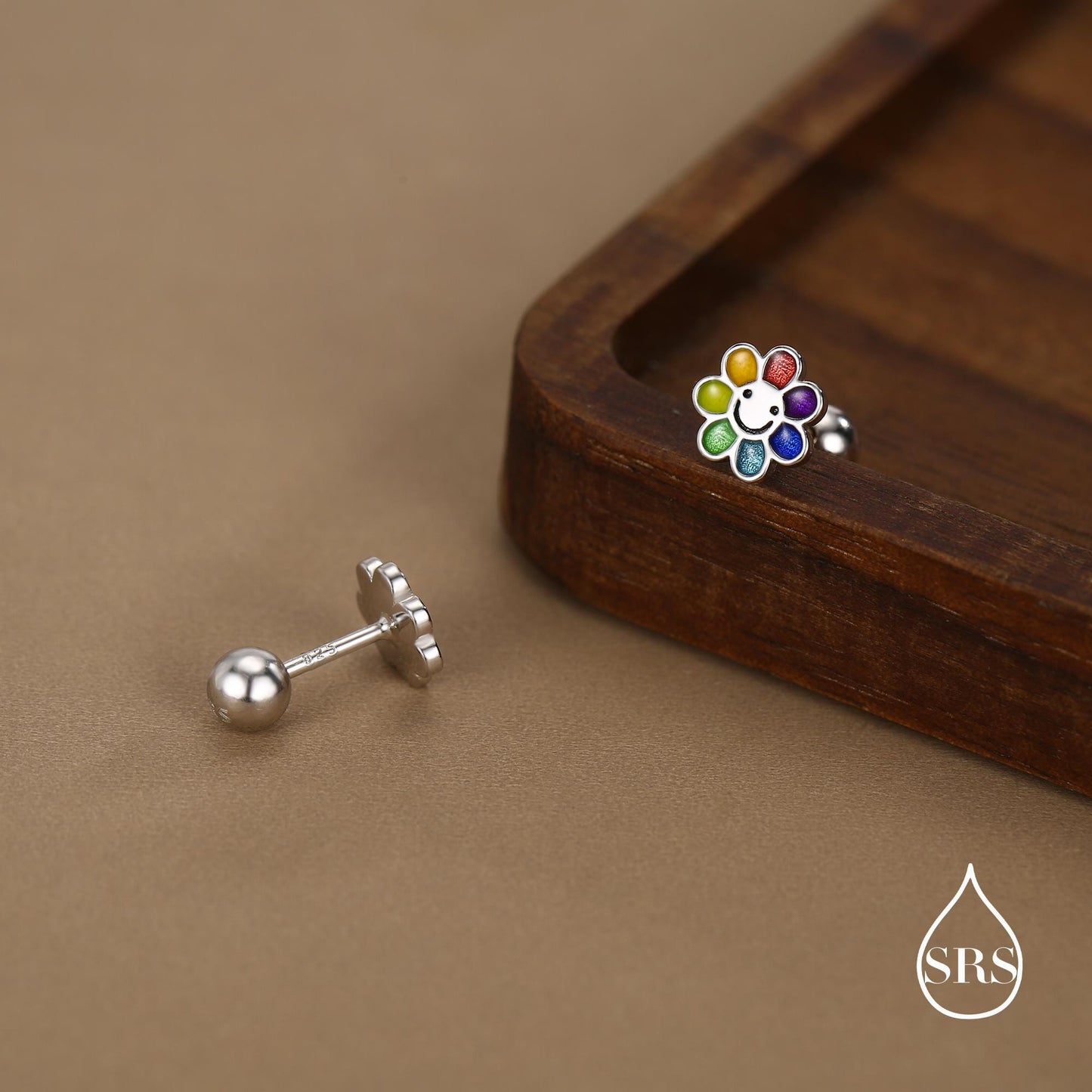 Sterling Silver Rainbow Flower 18G Screw Back Earrings with Ball Backs