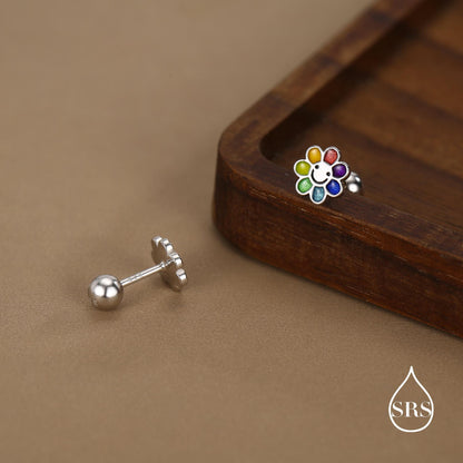 Sterling Silver Rainbow Flower 18G Screw Back Earrings with Ball Backs