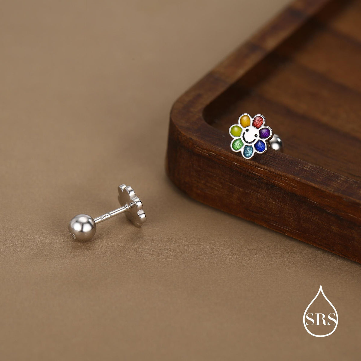 Sterling Silver Rainbow Flower 18G Screw Back Earrings with Ball Backs