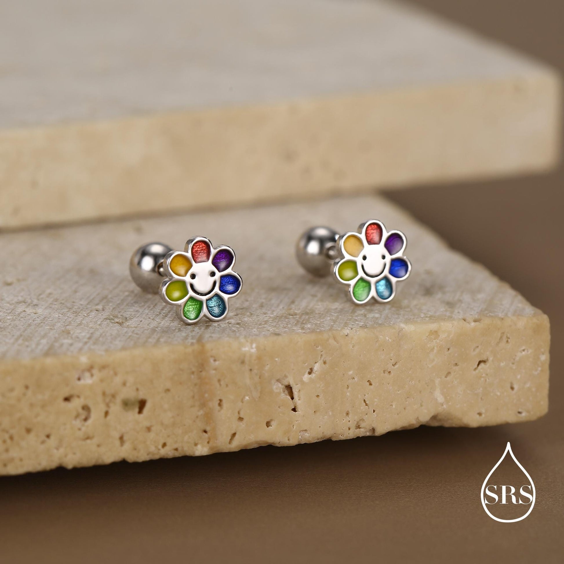 Sterling Silver Rainbow Flower 18G Screw Back Earrings with Ball Backs