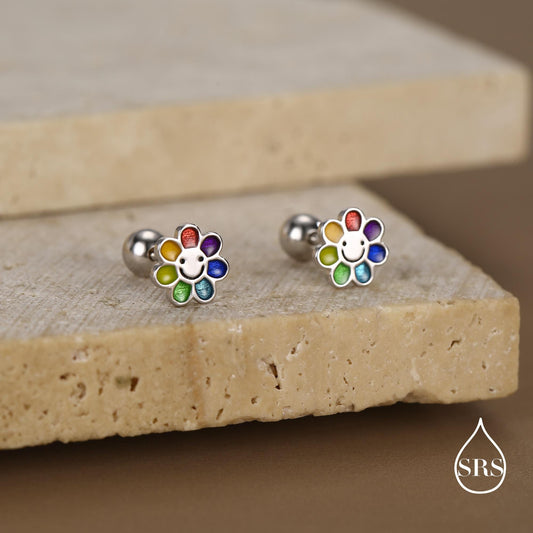 Sterling Silver Rainbow Flower 18G Screw Back Earrings with Ball Backs