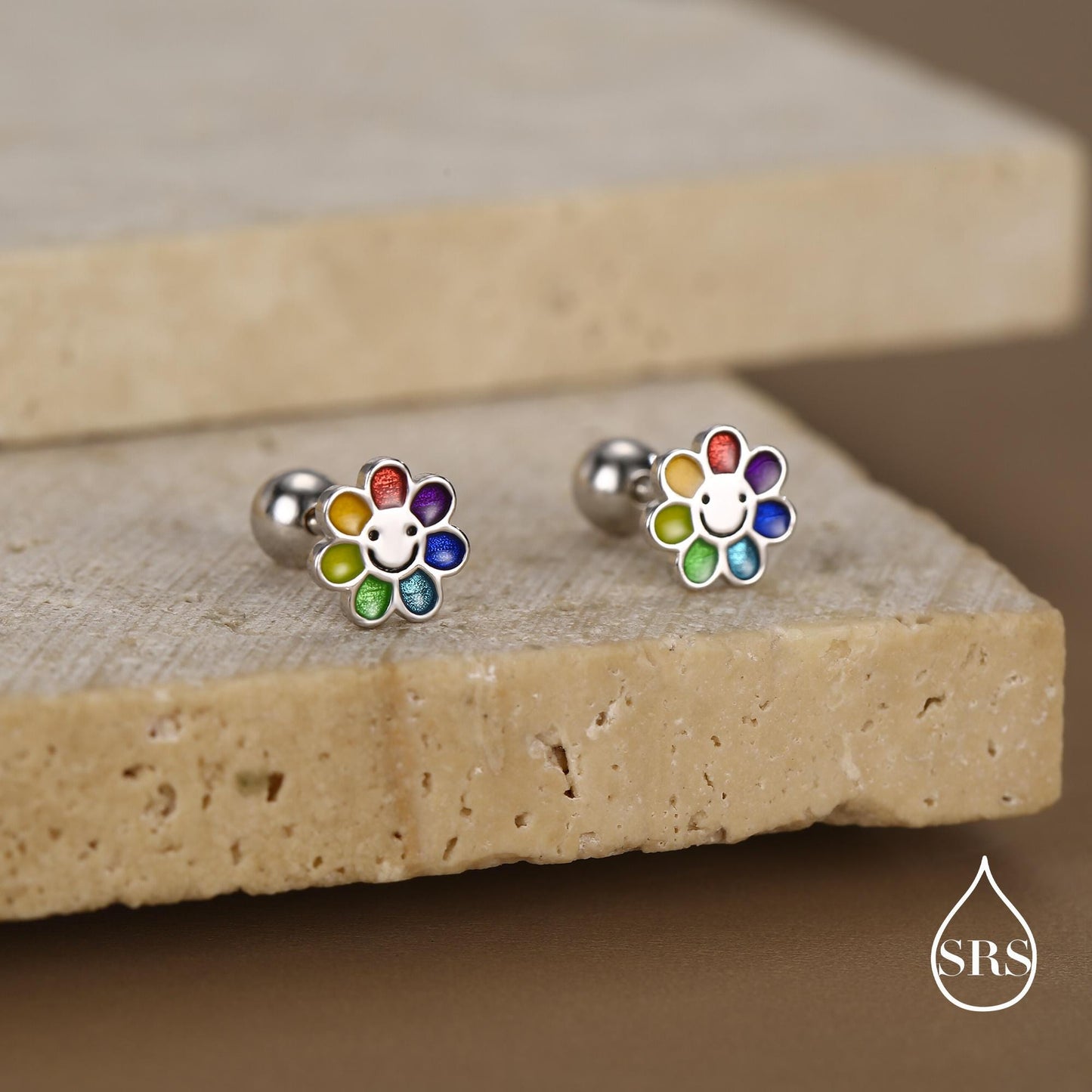 Sterling Silver Rainbow Flower 18G Screw Back Earrings with Ball Backs