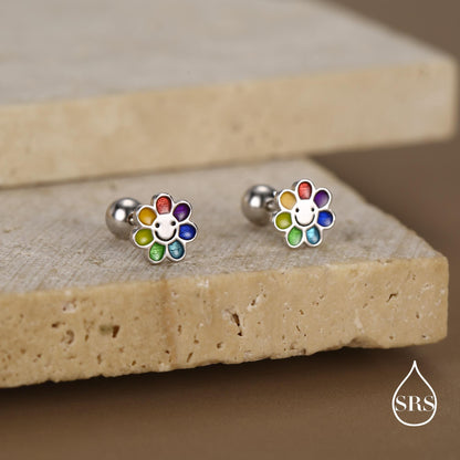 Sterling Silver Rainbow Flower 18G Screw Back Earrings with Ball Backs