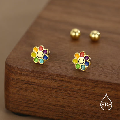 Sterling Silver Rainbow Flower 18G Screw Back Earrings with Ball Backs