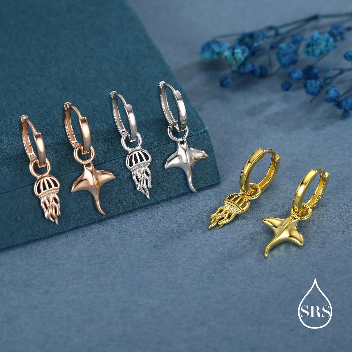 Mismatched Manta Ray Fish and Jellyfish Huggie Hoop Earrings, Asymmetric Stingray and Jellyfish Dangle Hoop Earrings, Fish Dangle Earrings