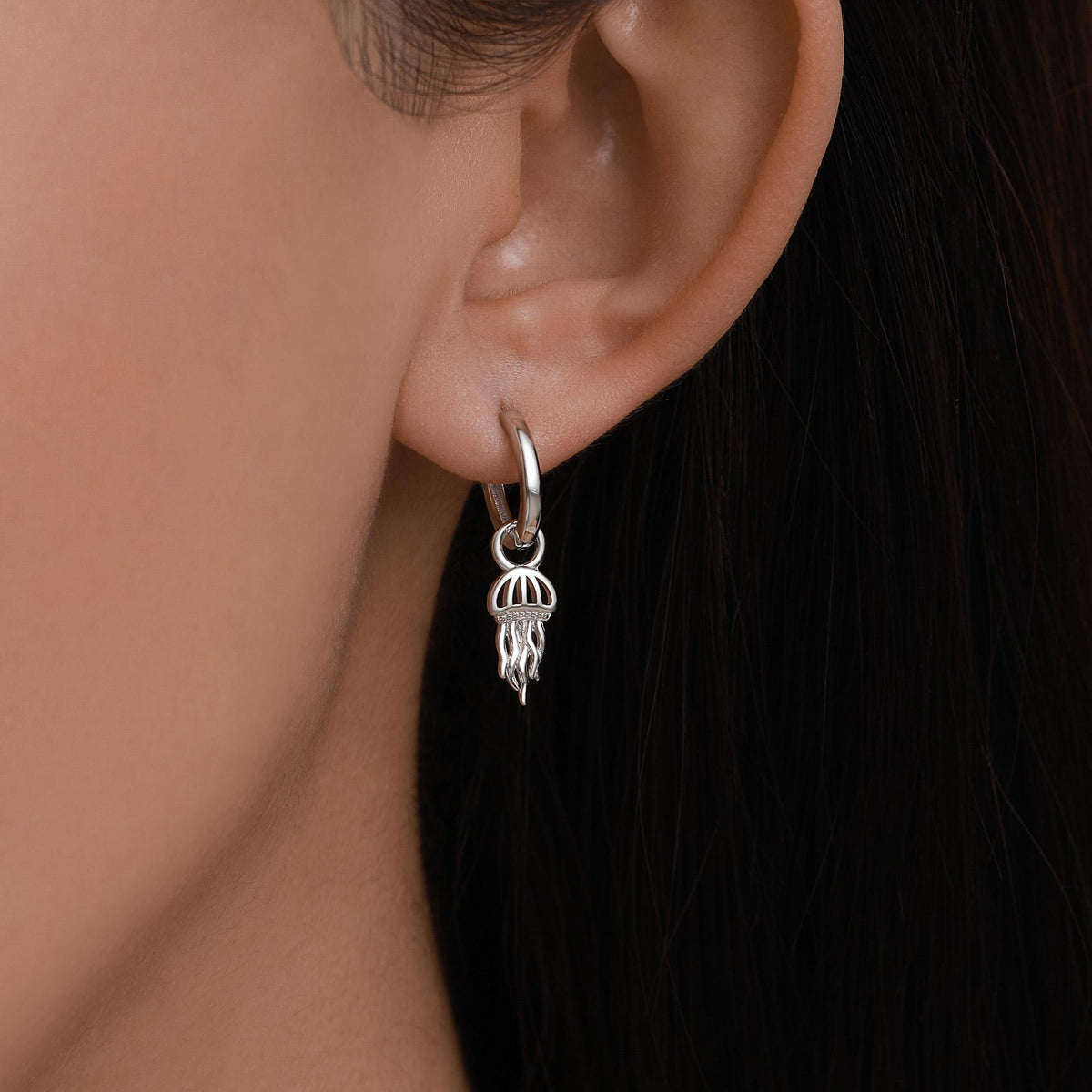 Sterling Silver Jellyfish Dangle Huggie Hoops, Detachable Jellyfish Hoop Earrings, Dainty Dangle Earrings, Fish Earrings, Ocean Animal