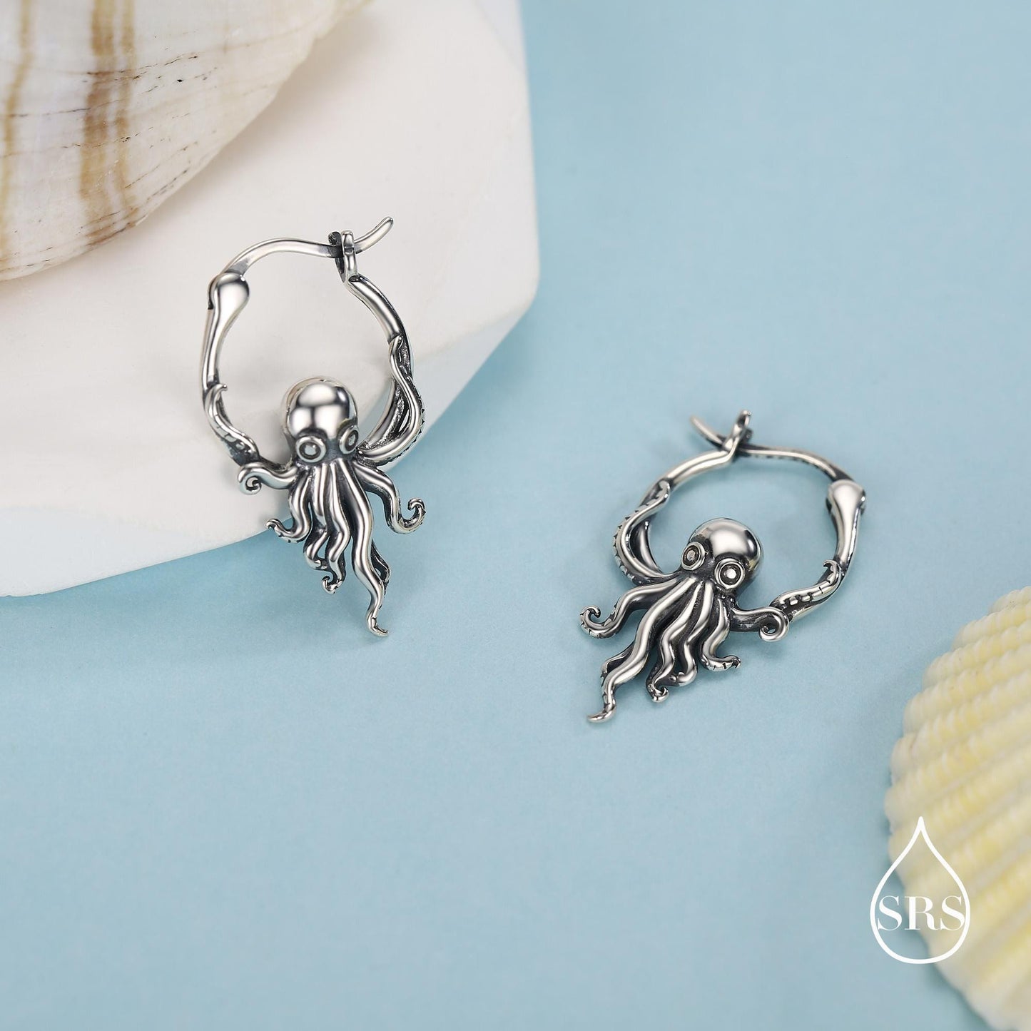 Sterling Silver Octopus Charm Hoop Earrings