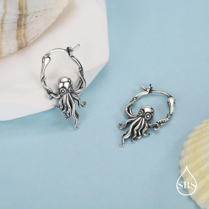 Sterling Silver Octopus Charm Hoop Earrings