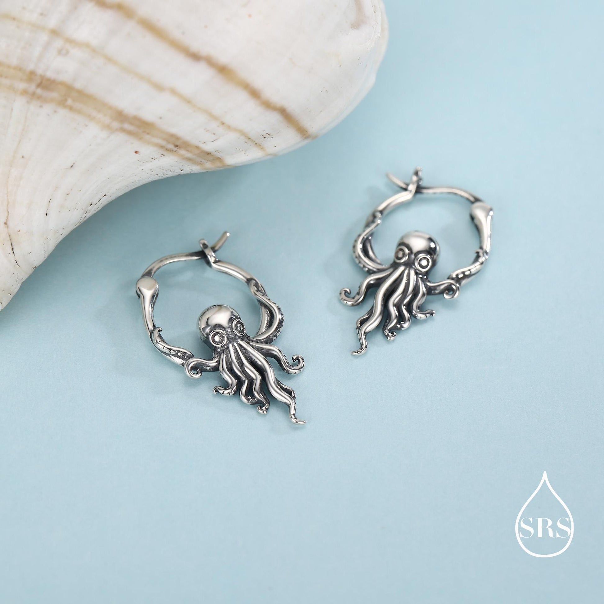 Sterling Silver Octopus Charm Hoop Earrings