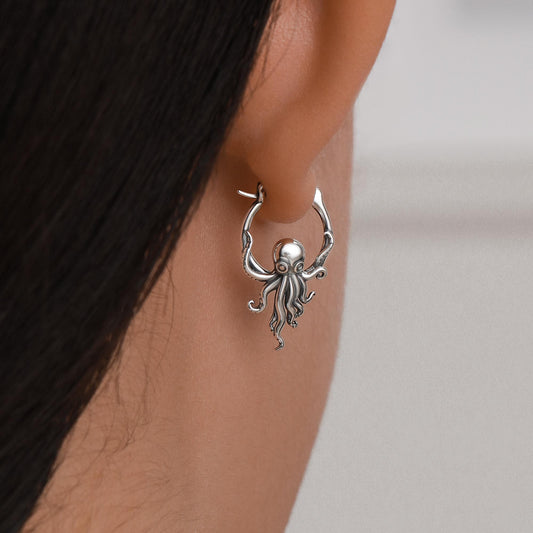 Sterling Silver Octopus Charm Hoop Earrings