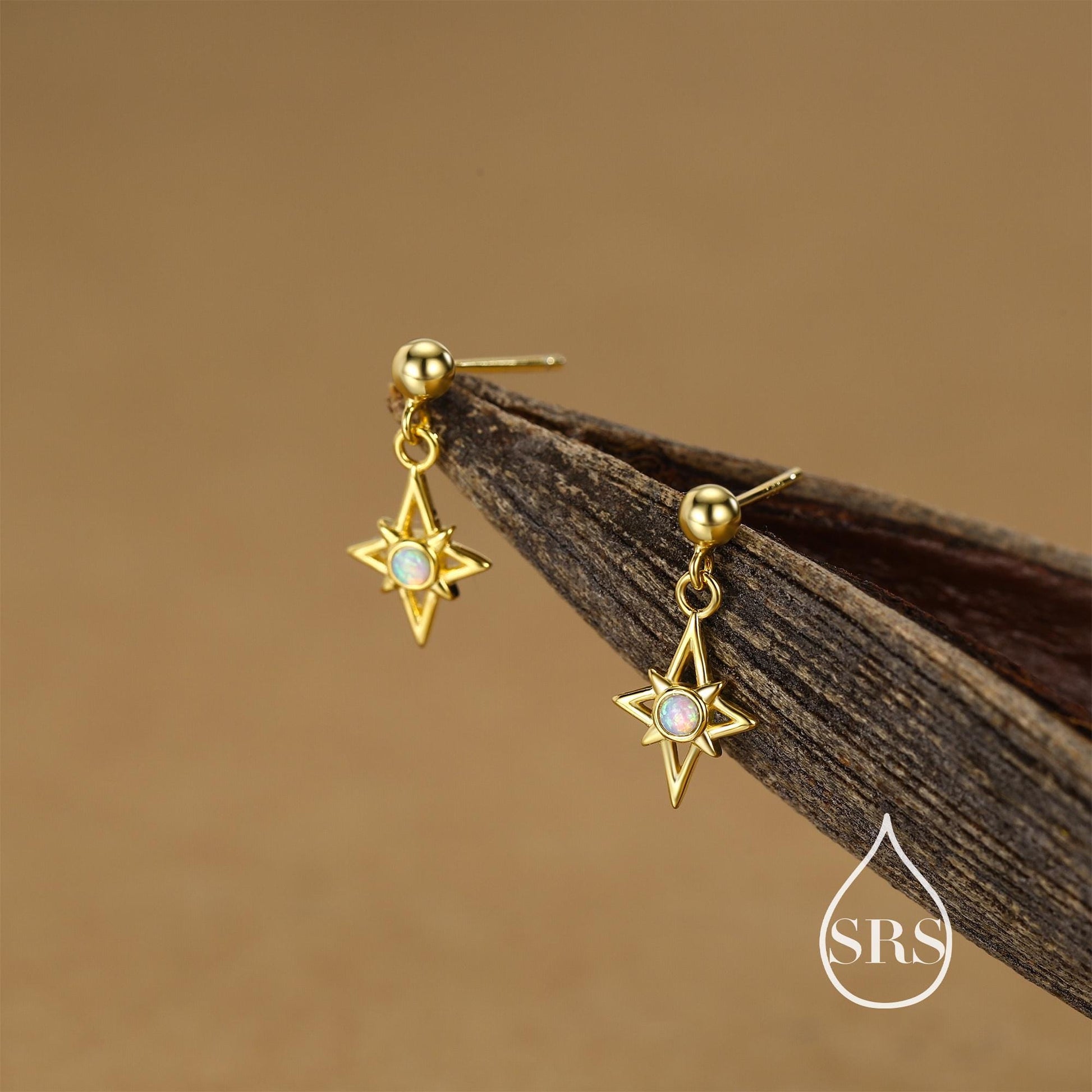 Sterling Silver Opal Star Drop Stud Earrings