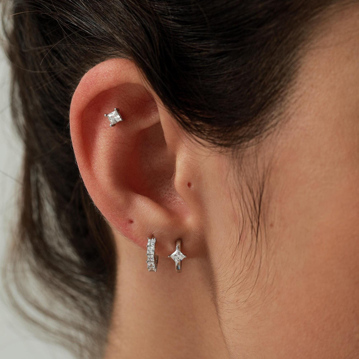 Princess Cut CZ Huggie Hoop in Sterling Silver, Silver or Gold, Minimalist Simple Hoop Earrings