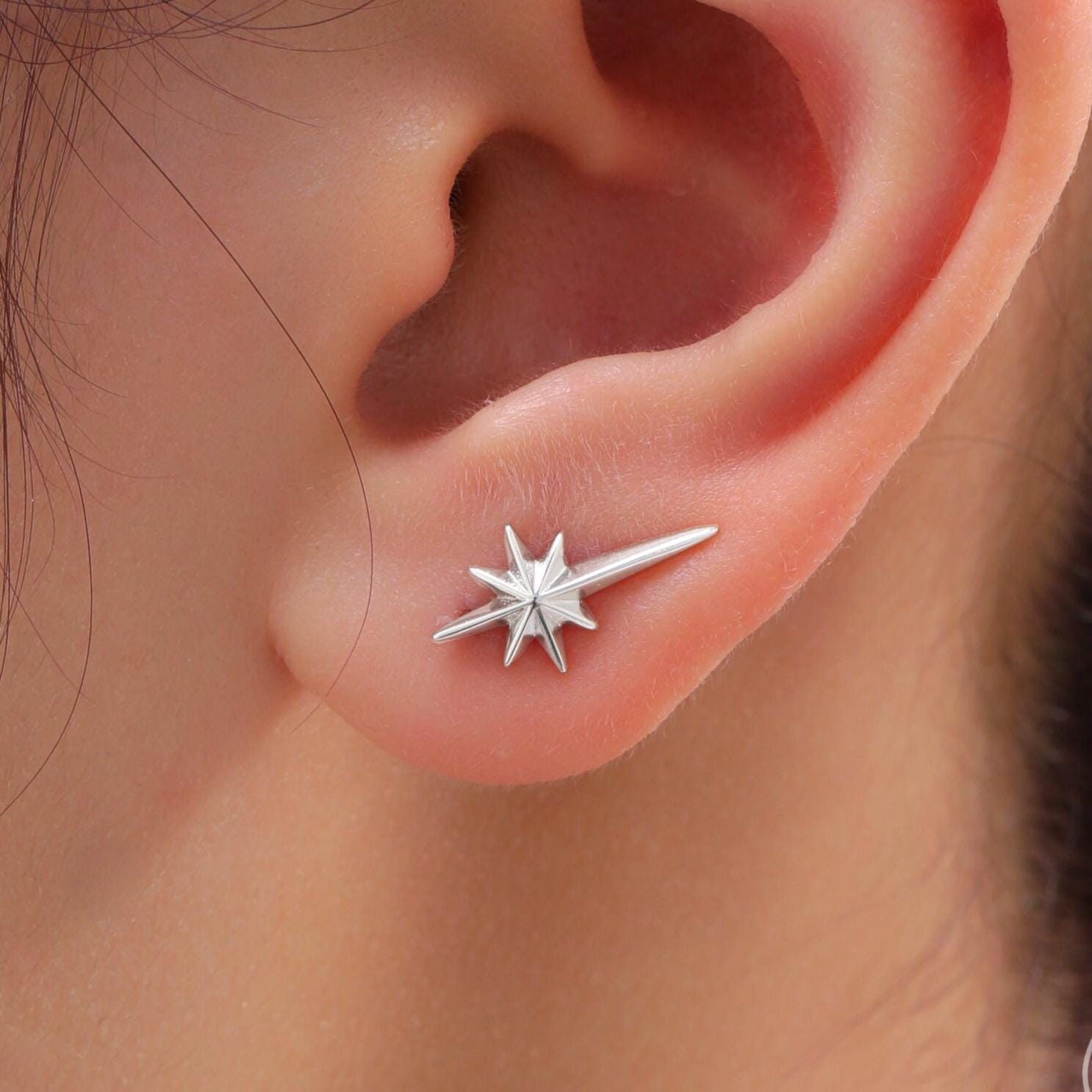 Starburst Ear Crawler Earrings in Sterling Silver - Star Crawler Earrings - Silver or Gold or Rose Gold - North Star Ear Climbers Earrings