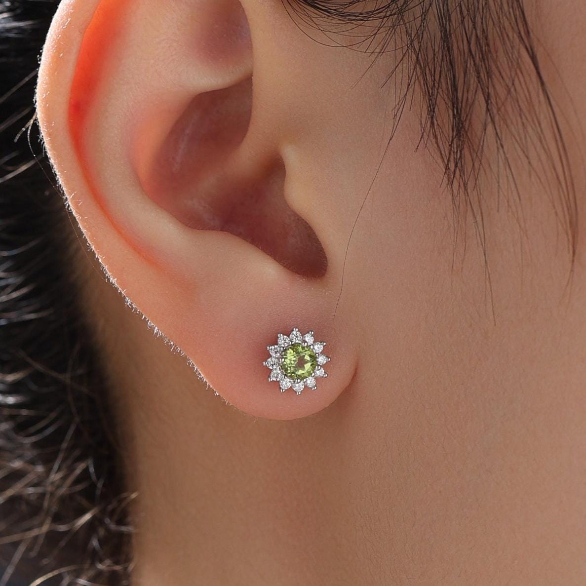 Genuine Peridot Crystal Stud Earrings in Sterling Silver, Natural Green Peridot Stud Earrings, August Birthstone