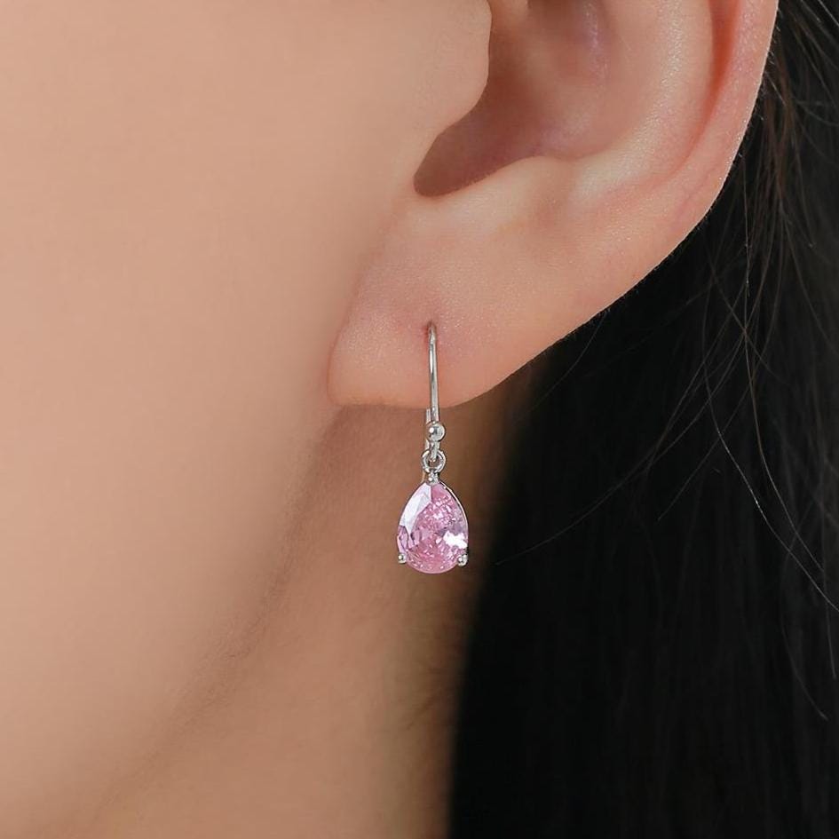Tourmaline Pink Pear Cut CZ Drop Earrings in Sterling Silver, Silver or Gold, Pink Droplet Dangle Earrings