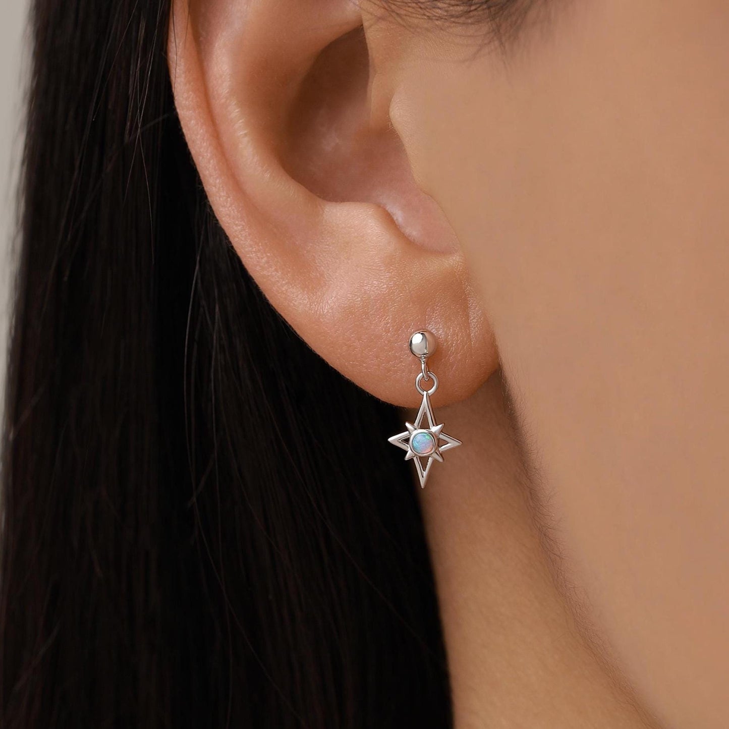 Sterling Silver Opal Star Drop Stud Earrings