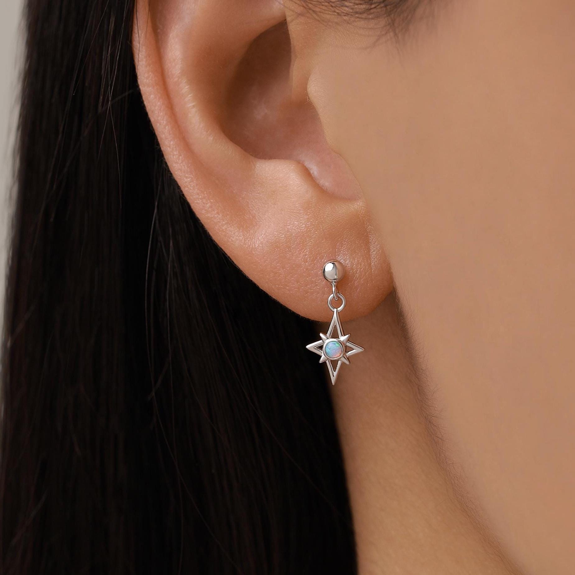 Sterling Silver Opal Star Drop Stud Earrings