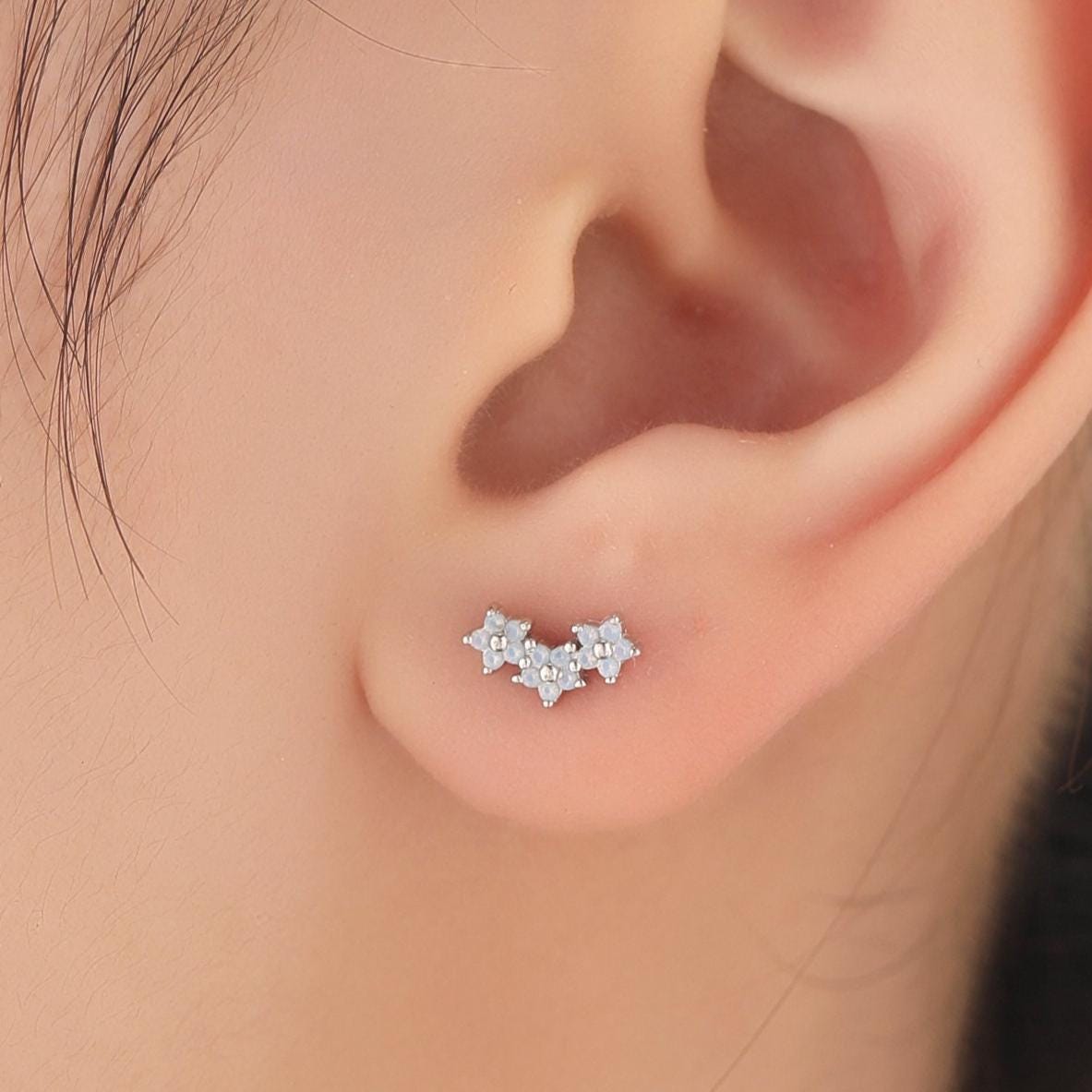 Asymmetric Forget Me Not Flower Bouquet CZ Stud Earrings in Sterling Silver, Silver or Gold, Opal Colour Mismatched CZ Flower Stud Earrings