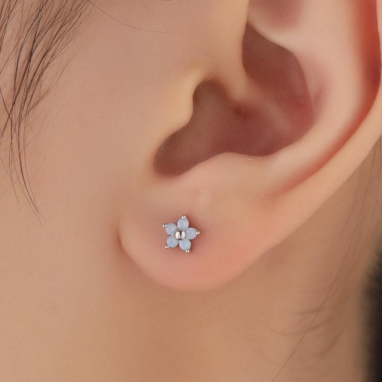 Asymmetric Forget Me Not Flower Bouquet CZ Stud Earrings in Sterling Silver, Silver or Gold, Opal Colour Mismatched CZ Flower Stud Earrings