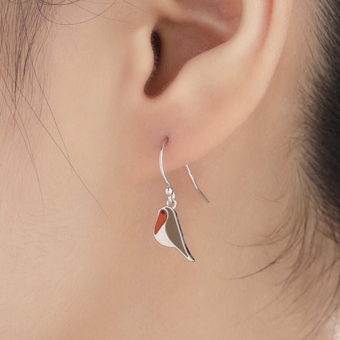 Enamel Robin Bird Drop Hook Earrings in Sterling Silver, Sterling Silver Enamel Robin Earrings, Nature Inspired