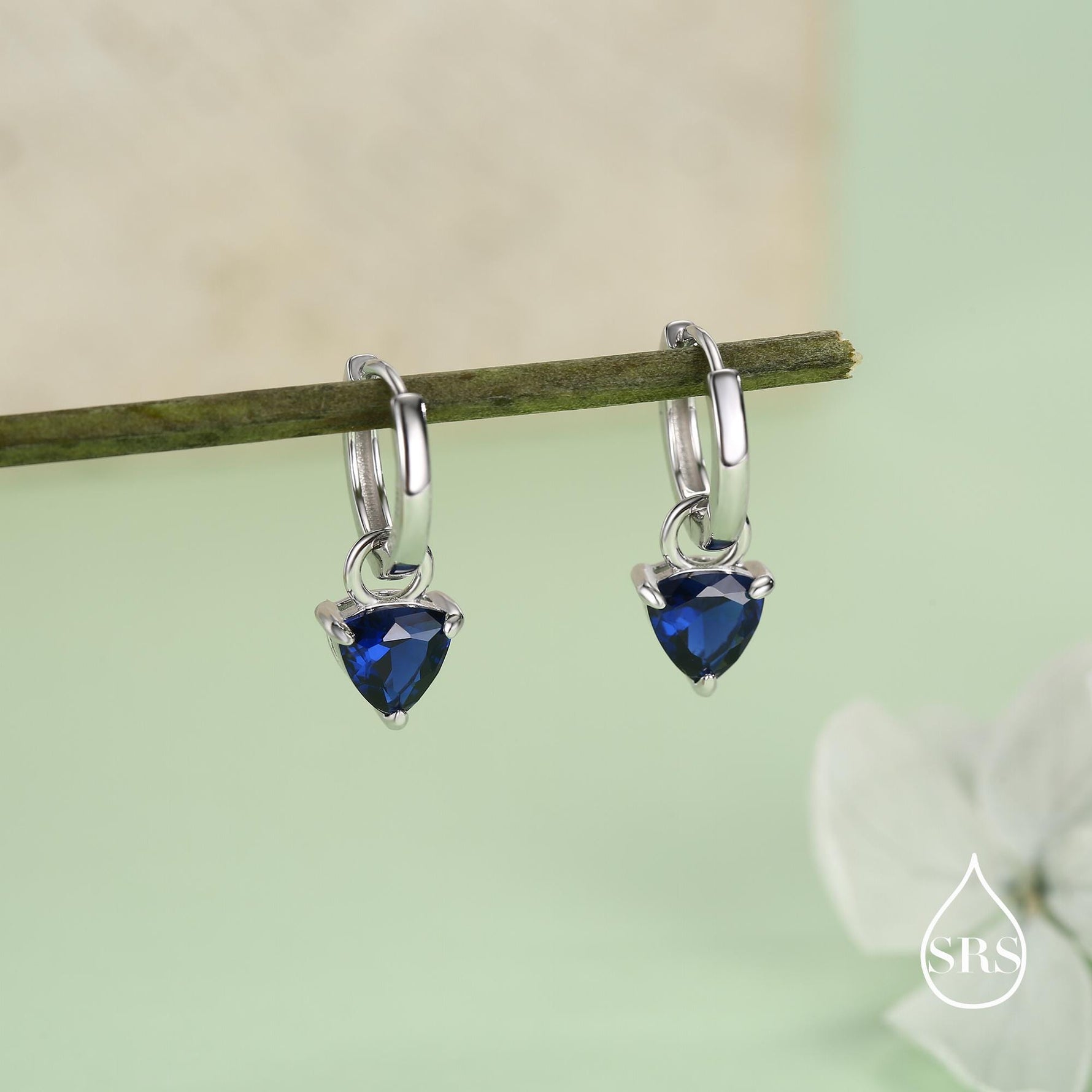 Sterling Silver Sapphire Blue Trillion Cut CZ Hoop Earrings, Silver or Gold, Triangle Dangle Hoop Earrings, Interchangeable Charm