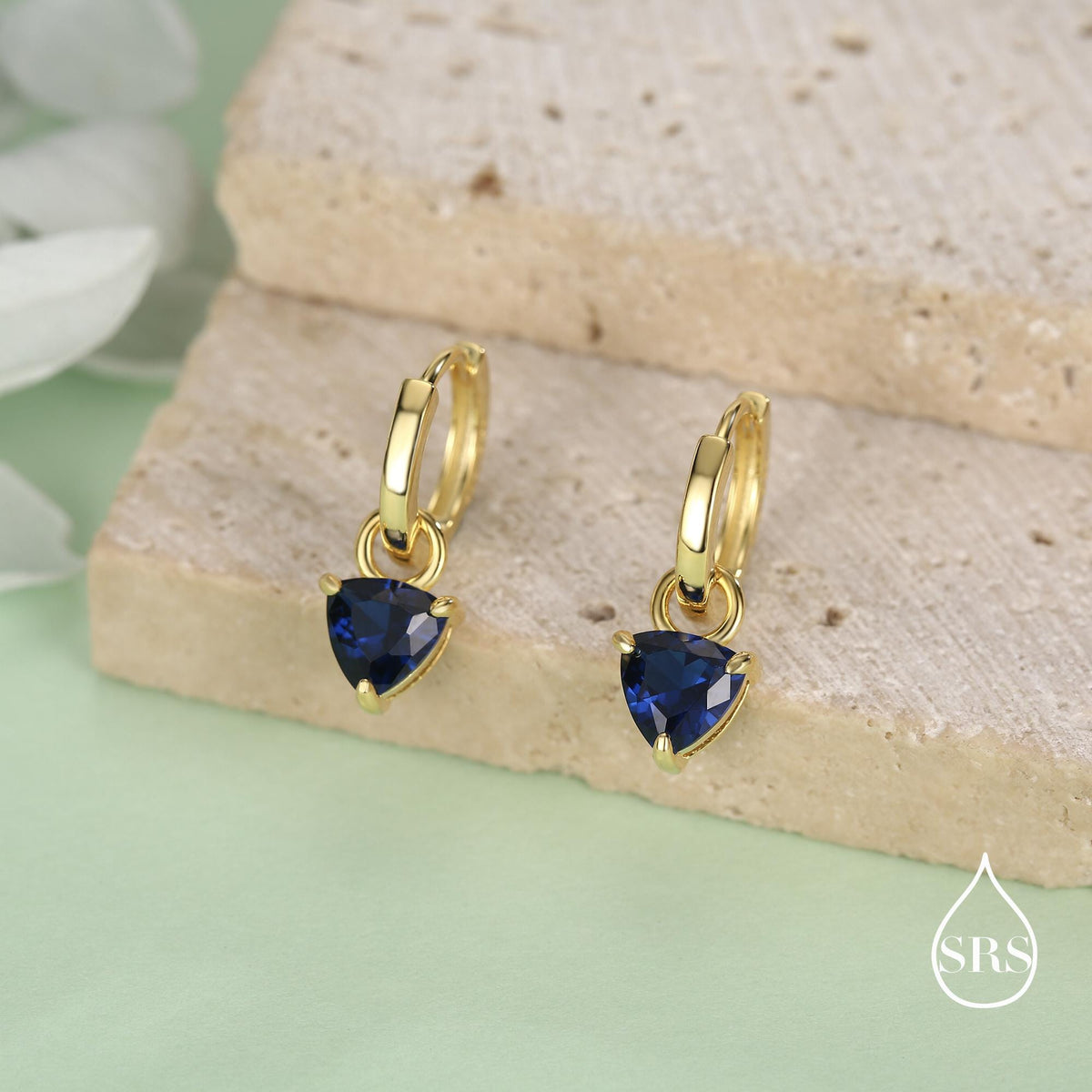 Sterling Silver Sapphire Blue Trillion Cut CZ Hoop Earrings, Silver or Gold, Triangle Dangle Hoop Earrings, Interchangeable Charm