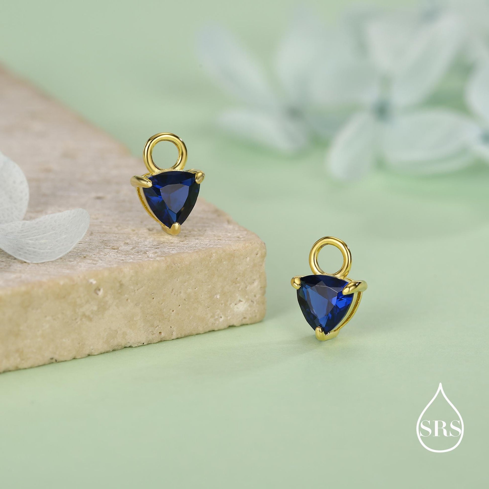 Sterling Silver Trillion Cut Sapphire Blue CZ Charms for Huggie Hoops Earrings