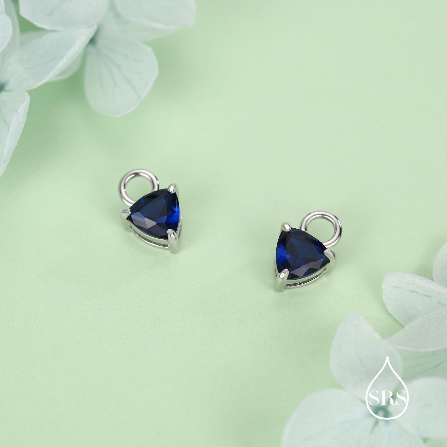 Sterling Silver Trillion Cut Sapphire Blue CZ Charms for Huggie Hoops Earrings